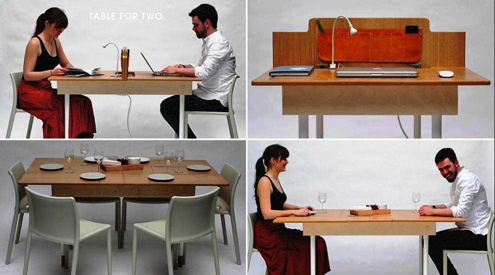 Una oficina que se transforma en mesa de comedor y viceversa
