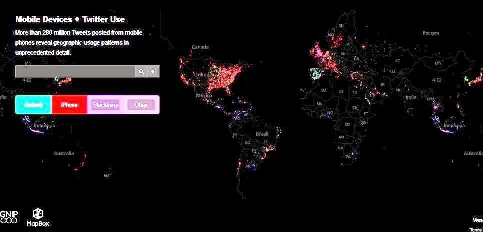 Mapa de distribución por país y ciudad de equipos con Android, iPhone y Blackberry