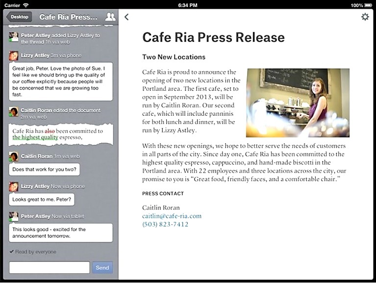 Editor de texto colaborativo, gratis para iPad, iPhone, iPod y Android