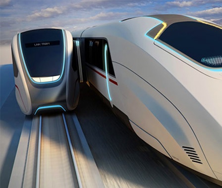 Tren futurista que nunca se detiene y se aborda en movimiento