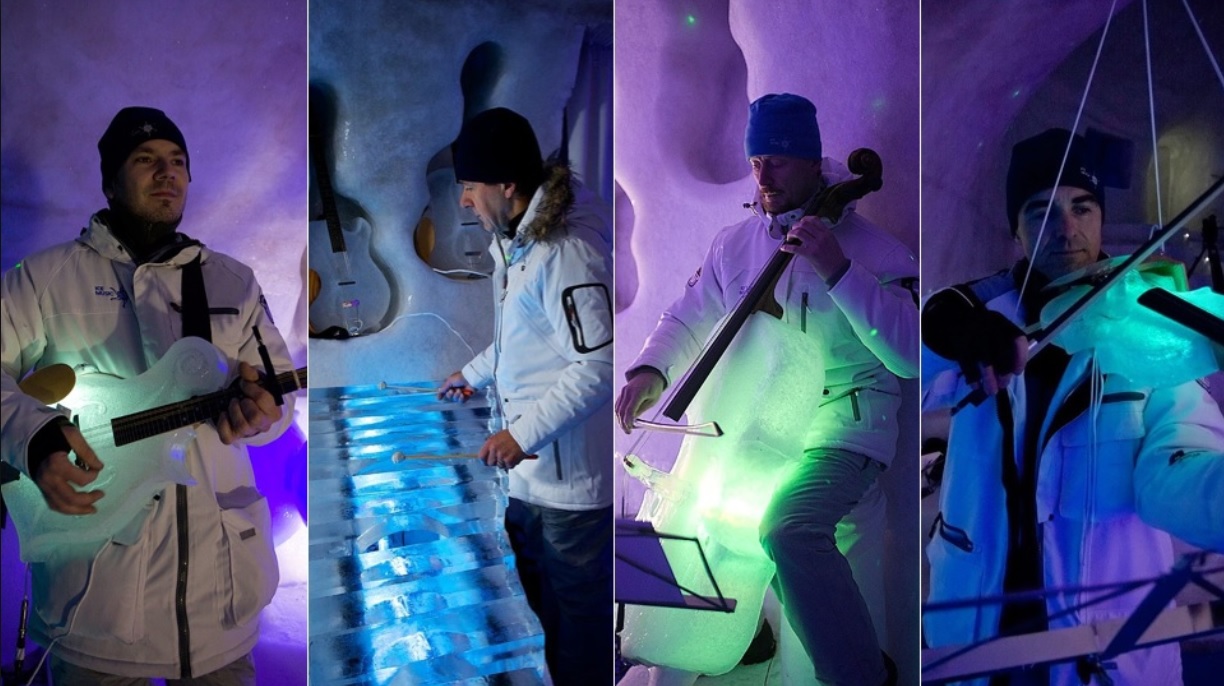 Conjunto musical con instrumentos hechos de hielo
