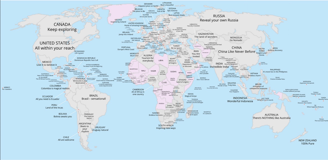 Mapa del mundo que muestra el eslogan turístico de cada país